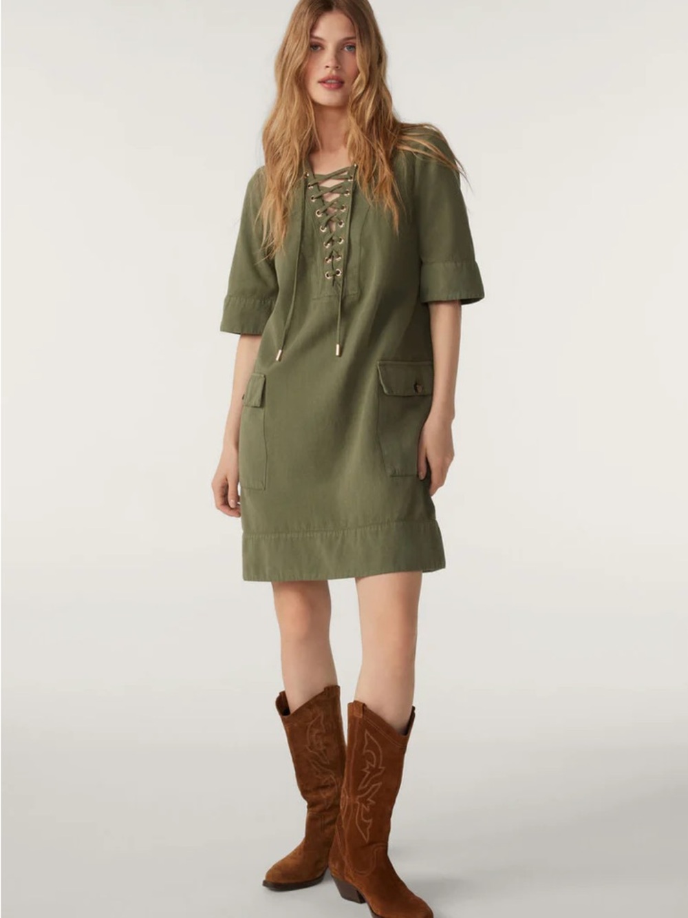 ba&sh Olive Lace-Up Utility Mini Dress
